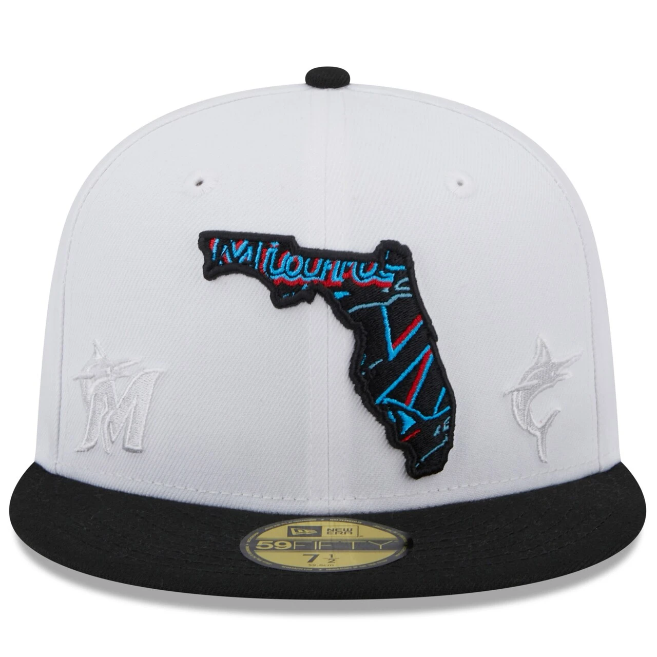 Men's Miami Marlins New Era White/Black State 59FIFTY Fitted Hat - Image 2