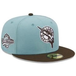 Men's Florida Marlins New Era Light Blue/Brown Cooperstown Collection 1997 World Series Beach Kiss 59FIFTY Fitted Hat