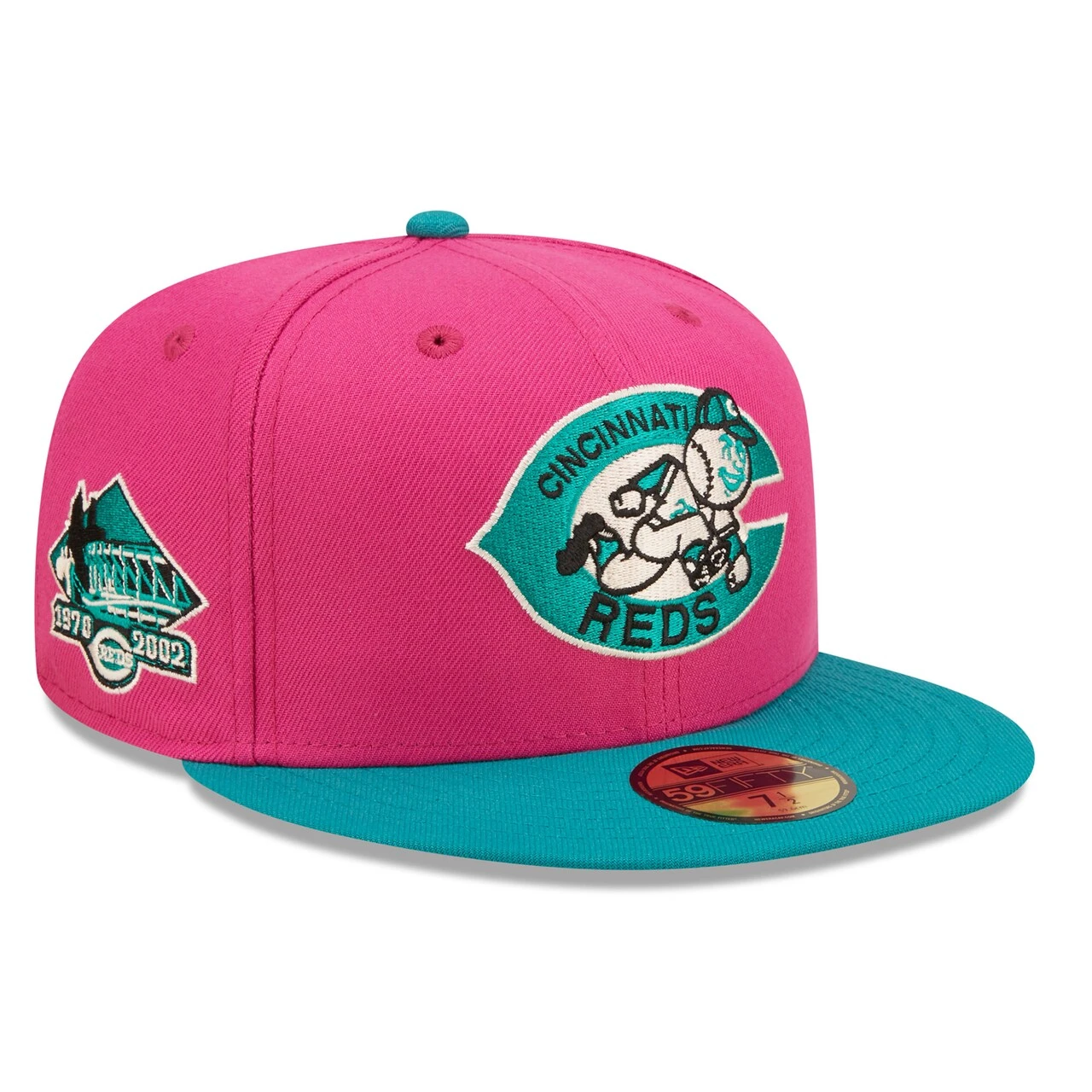 Men's Cincinnati Reds New Era Pink/Green Cooperstown Collection Riverfront Stadium Passion Forest 59FIFTY Fitted Hat