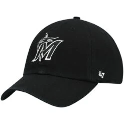 Men's Miami Marlins '47 Black On Black Logo Clean Up Adjustable Hat