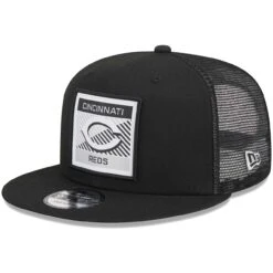 Men's Cincinnati Reds New Era Black Scratch Squared Trucker 9FIFTY Snapback Hat