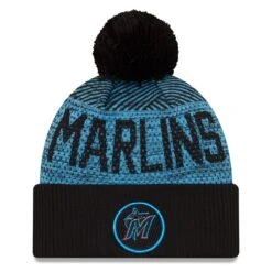 Men's Miami Marlins New Era Black Authentic Collection Sport Cuffed Knit Hat With Pom