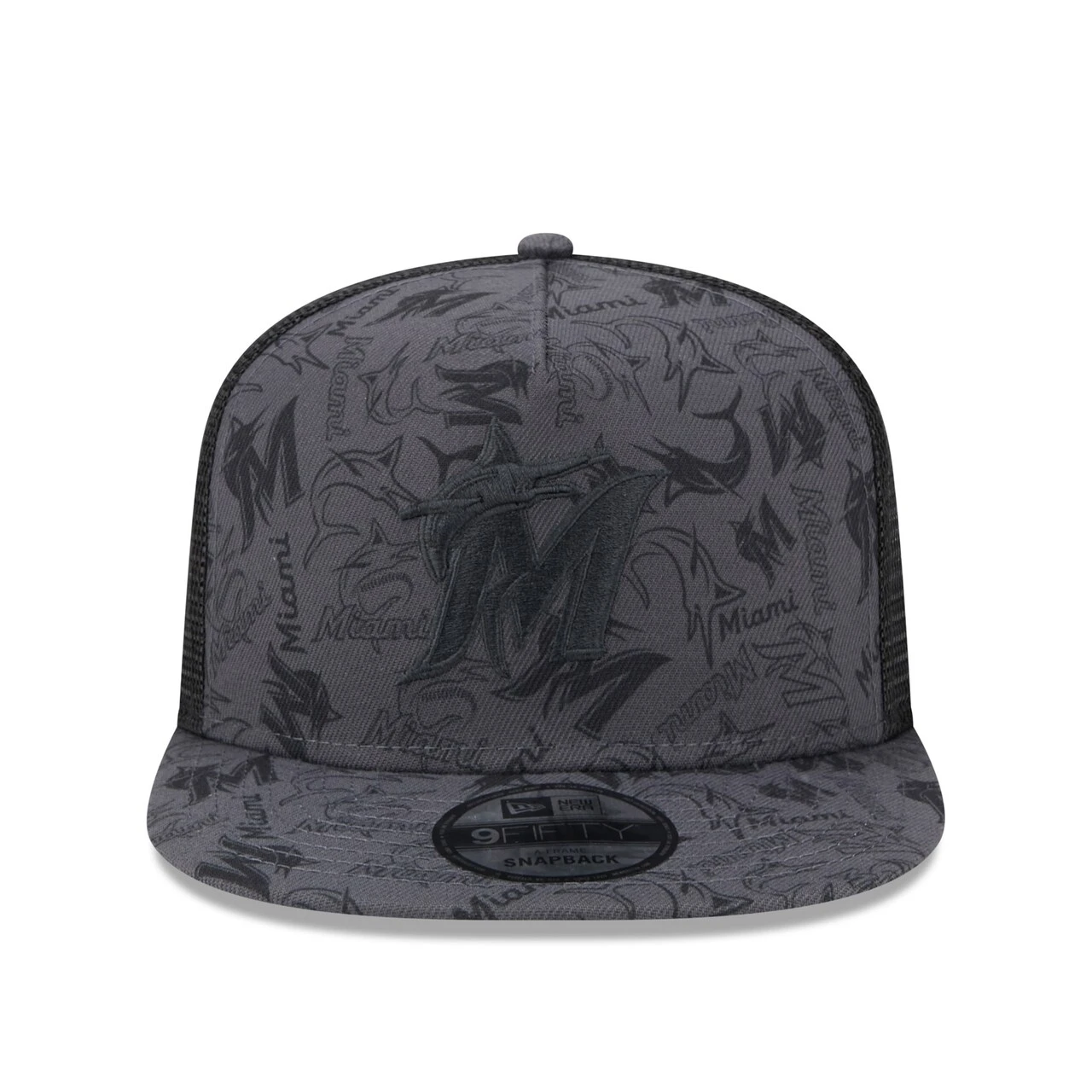Men's Miami Marlins New Era Black Repeat A-Frame 9FIFTY Trucker Snapback Hat - Image 2