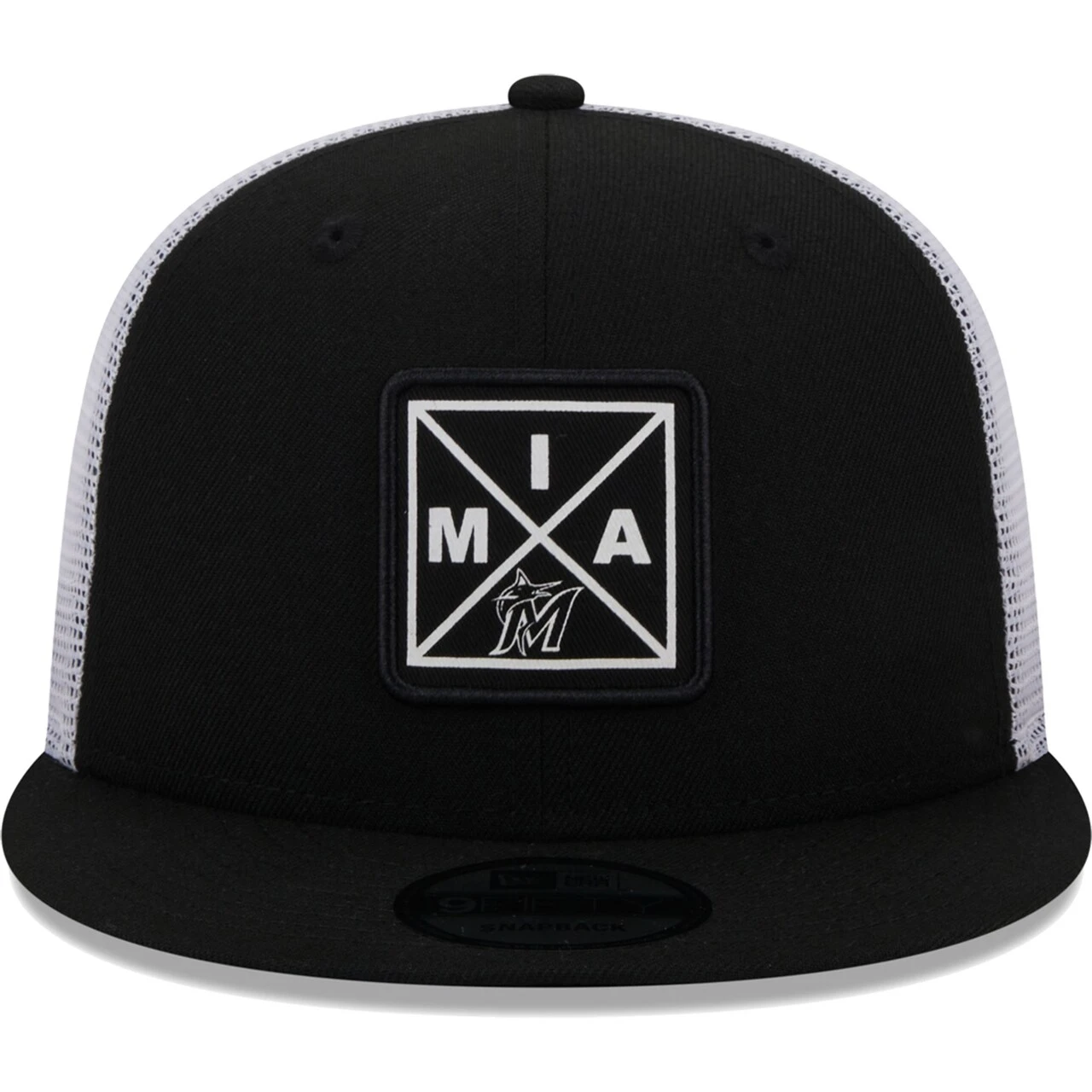 Men's Miami Marlins New Era Black Vert Squared Trucker 9FIFTY Hat - Image 2