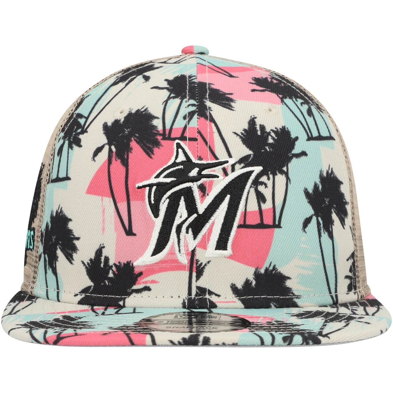 Men's Miami Marlins New Era Natural Retro Beachin' Trucker 9FIFTY Snapback Hat - Image 2