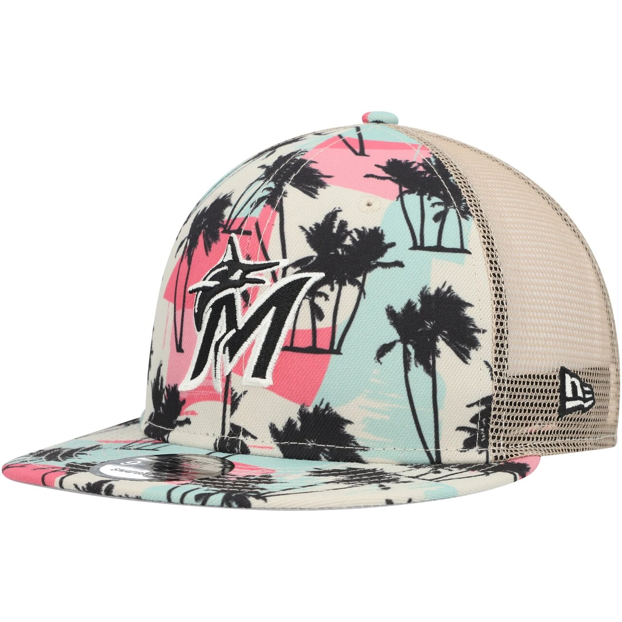 Men's Miami Marlins New Era Natural Retro Beachin' Trucker 9FIFTY Snapback Hat - Image 3