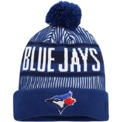 Men's Toronto Blue Jays New Era Royal Striped Cuffed Knit Hat With Pom