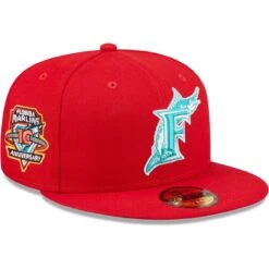 Men's Miami Marlins, Florida Marlins New Era Scarlet 10th Anniversary Teal Undervisor 59FIFTY Fitted Hat