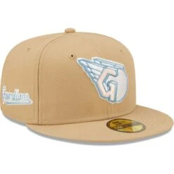 Men's Cleveland Guardians New Era Tan Wordmark Sky Blue Undervisor 59FIFTY Fitted Hat