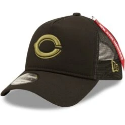 Men's Cincinnati Reds New Era X Alpha Industries Black A-Frame 9FORTY Trucker Snapback Hat