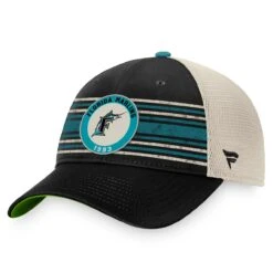 Men's Florida Marlins Fanatics Branded Black/Natural Cooperstown Collection True Classic Retro Striped Trucker Snapback Hat