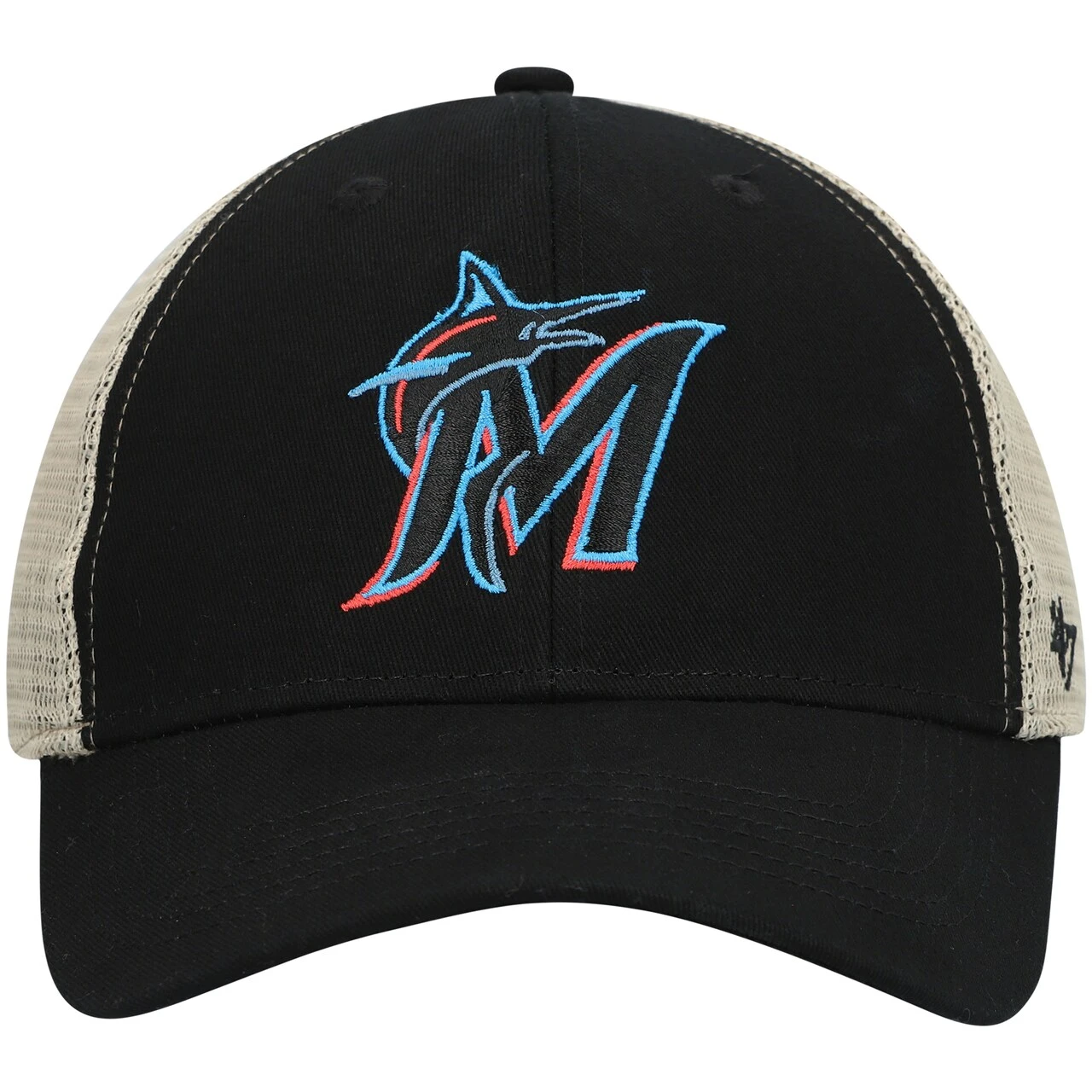 Men's Miami Marlins '47 Black/Natural Flagship Washed MVP Trucker Snapback Hat - Image 2