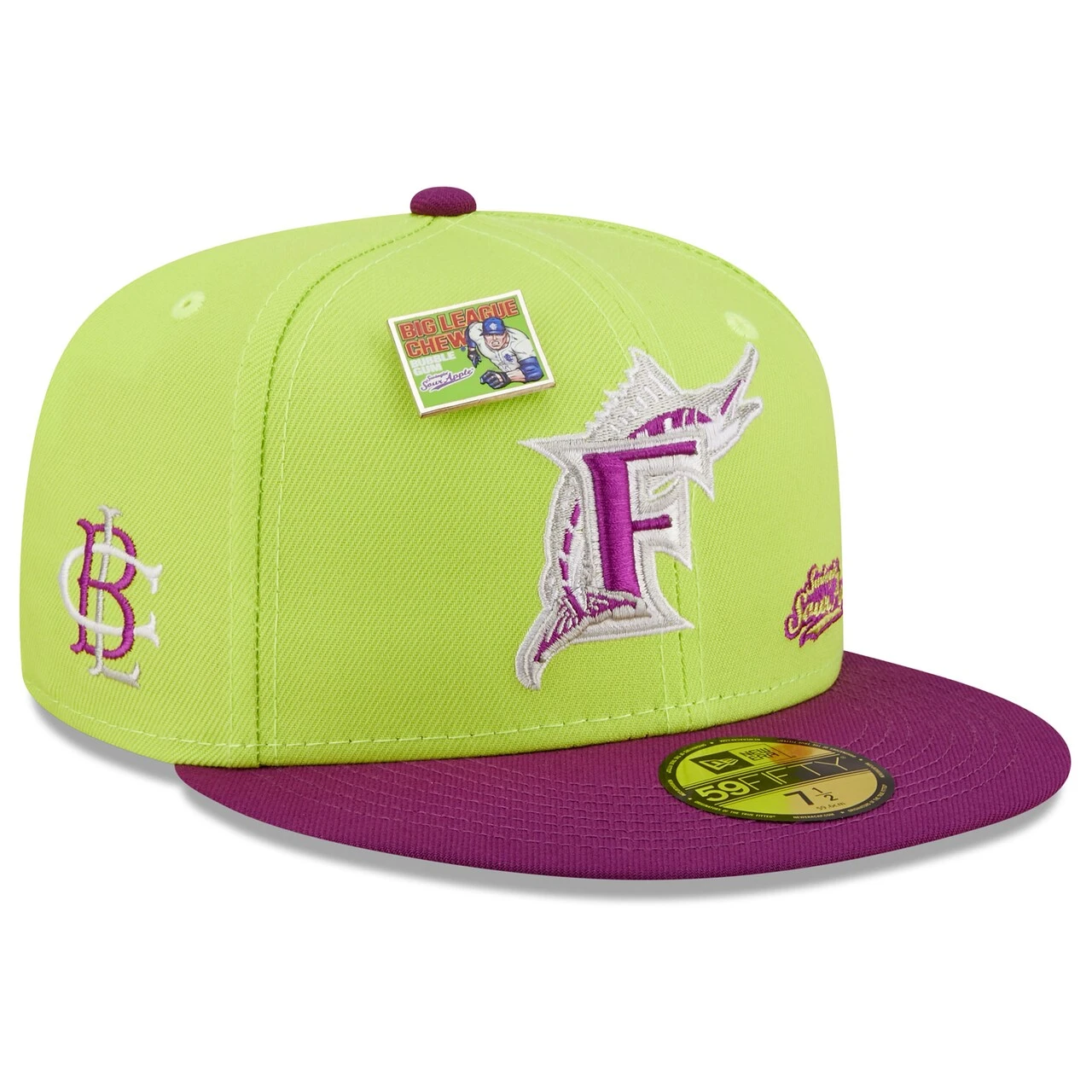 Men's Florida Marlins New Era Green/Purple MLB X Big League Chew Swingin' Sour Apple Flavor Pack 59FIFTY Fitted Hat