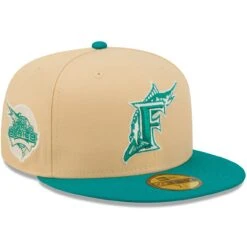 Men's Florida Marlins New Era Natural/Teal Cooperstown Collection Mango Forest 59FIFTY Fitted Hat