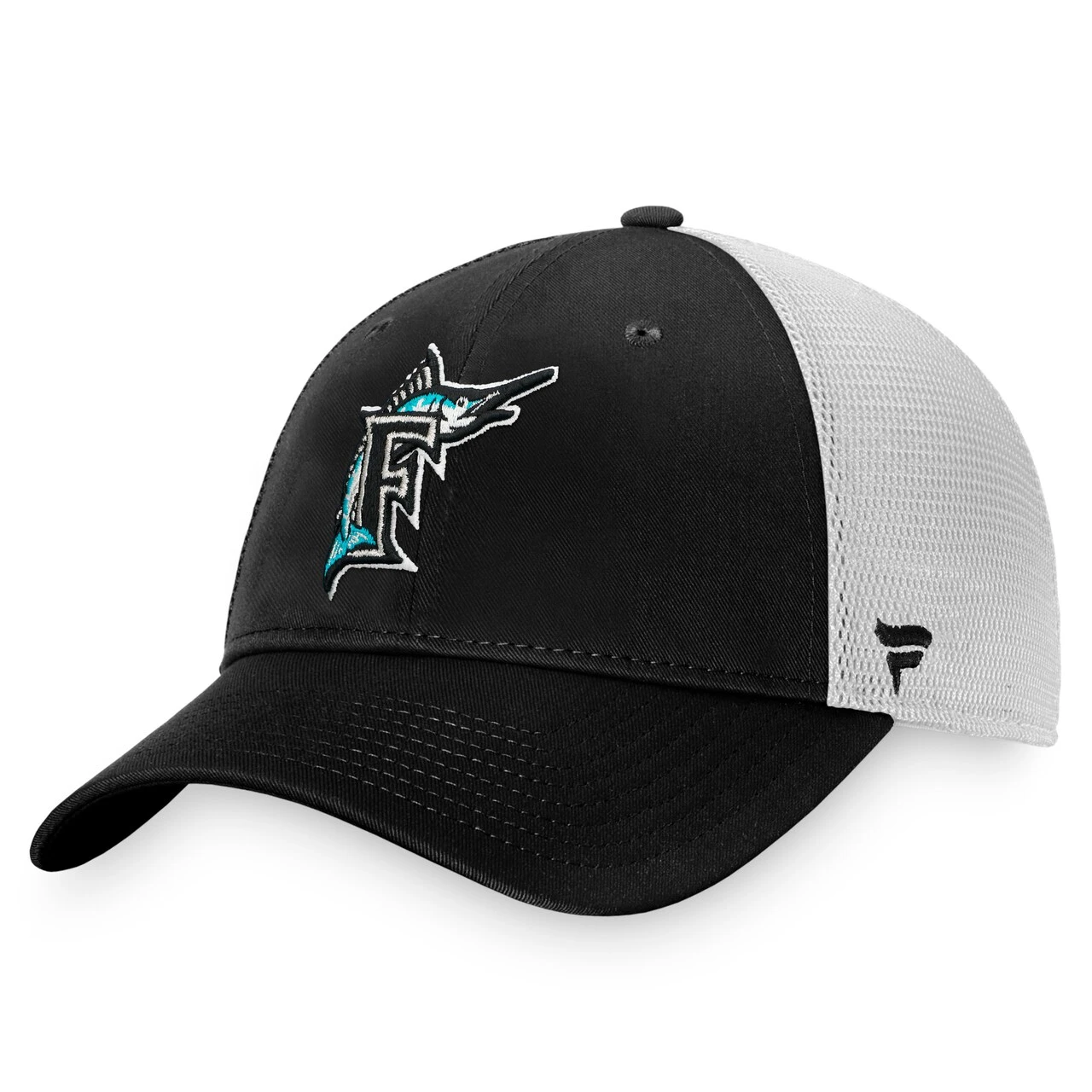 Men's Florida Marlins Fanatics Branded Black/White Cooperstown Collection Core Trucker Snapback Hat