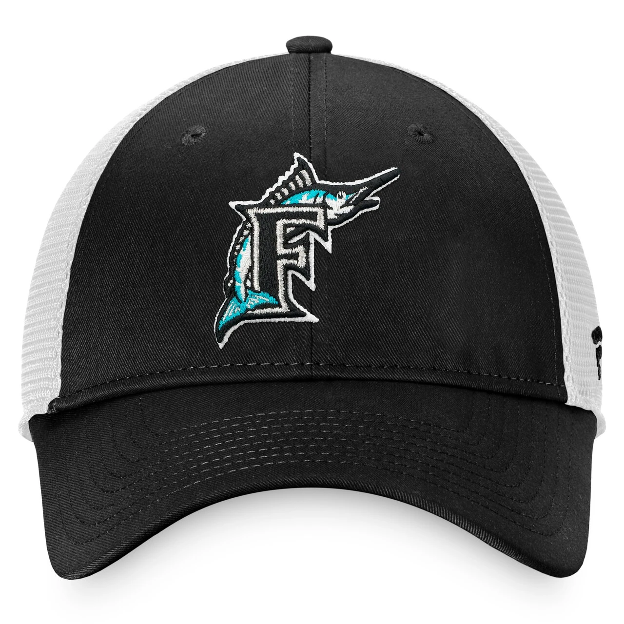 Men's Florida Marlins Fanatics Branded Black/White Cooperstown Collection Core Trucker Snapback Hat - Image 2