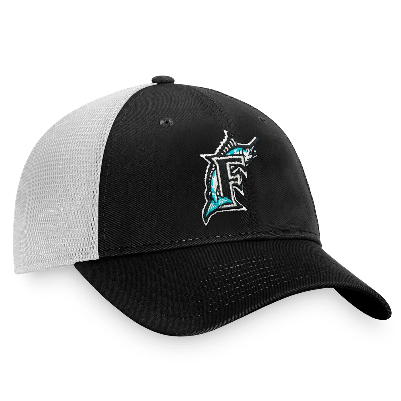 Men's Florida Marlins Fanatics Branded Black/White Cooperstown Collection Core Trucker Snapback Hat - Image 3