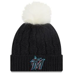 Women's Miami Marlins New Era Black Flurry Cuffed Knit Hat With Pom