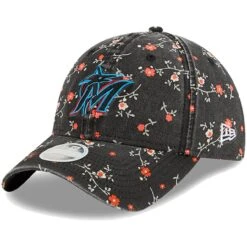 Women's Miami Marlins New Era Black Team Blossom 9TWENTY Adjustable Hat