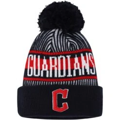 Youth Cleveland Guardians New Era Navy Striped Cuffed Knit Hat With Pom